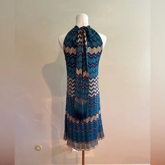 Hale Bob Teal and Cream Chevron Halter Maxi Dress - Picture 3 of 8